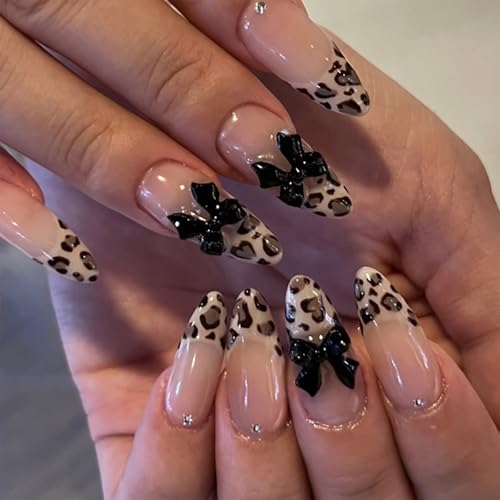 GlamRays Press on Nails Almond Medium Fake Nails Gold Glue on Nails Leopard Bow Design Bling Glitter Acrylic Nails French Tip Manicure False Nails 24 Stück