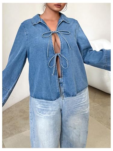 Floerns Women's Plus Size Bow Tie Front Denim Jacket Long Sleeve Going Out Jean Tops4