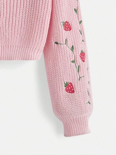 MakeMeChic Women's Strawberry Embroidery Lantern Sleeve V Neck Button Down Cardigan Knit Tops4