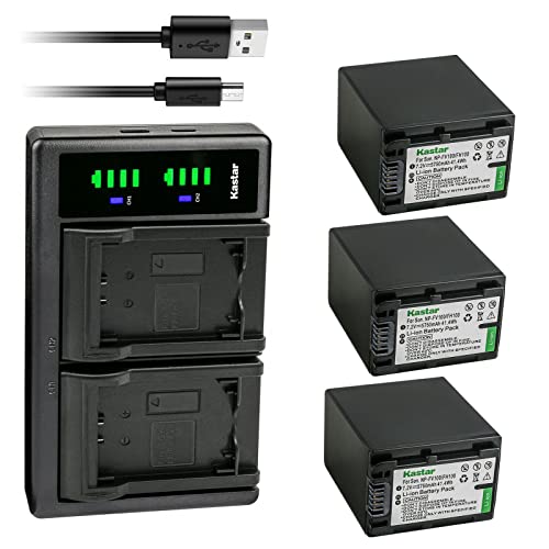 Kastar NP-FH100 Battery 3-Pack and LTD2 USB Charger Compatible with Sony HDR-UX10 HDR-UX19 HDR-UX20 HDR-UX3 HDR-UX5 HDR-UX7 HDR-UX9 HDR-XR100 HDR-XR105 HDR-XR106 HDR-XR200 HDR-XR500 HDR-XR520 Camera