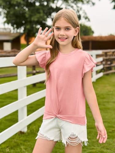 Image of Haloumoning Girls Ruffle Sleeve T Shirts Summer Crewneck Shirt 5-14 Years | Flutter Ruffle Short Sleeve, Twist Front, Casual, Solid, Loose Fit, Tees Tops