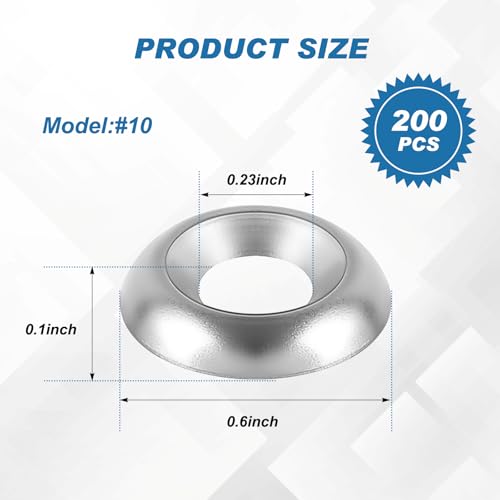 Yaocom 200 Qty #10 Countersunk Finish Washers Stainless Finishing Washers 304 Stainless Steel Washers Finishing Cup, Silver