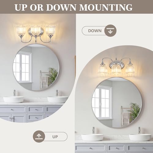 Image of Chrome 3-Light Bathroom Light Fixtures with Floral Glass Shade