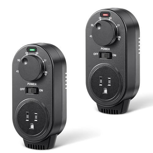 Gulfmew 2 Pack Adjustable Thermostat, Plug in Heating and Cooling Thermostat Controlled Outlet, Compatible with Portable AC, Fans and Space Heaters(Black)
