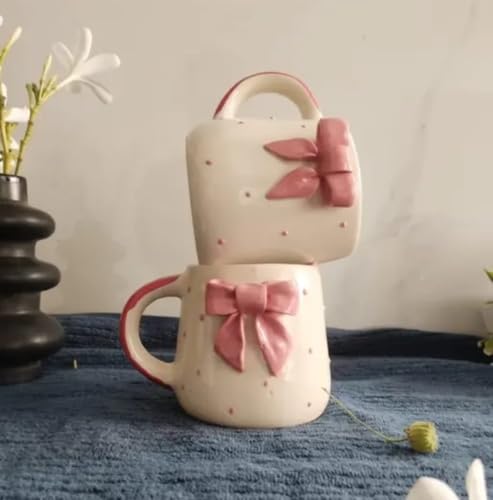 Image of Cute Pink Bow Ceramic Mug for Coffee Tea Milk | 3D Bow Design Gift Mug for Girls Women Kids | Premium Glazed Polka Dot Finish (2)