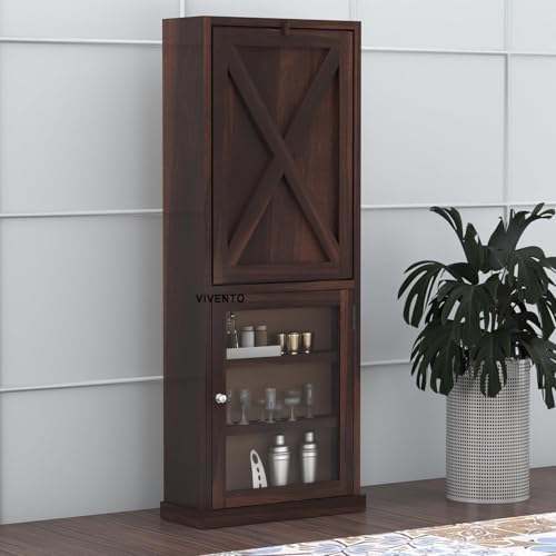Image of SUNCOM Solid Sheesham Wooden Bar Cabinet for Home - Wooden Wine Rack for Home Bar - Foldable Modern Bar with Shelves & Glass Door Storage (Walnut)