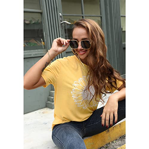 Gliglittr Women's Summer Sunflower T Shirt Cute Flower Graphic Loose Tees Crew Neck Short Sleeve Casual Tops (Yellow, Large) #TOP1