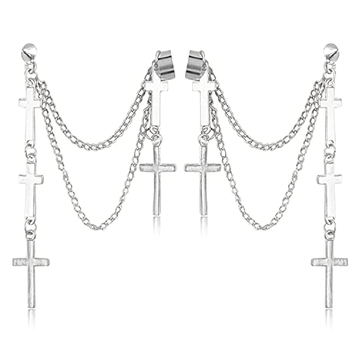 ANDPAI Personalized Multi Layered Long Stainless Steel Cross Chain Dangle Earring Threader Tassel Ear Cuff Black Punk Drop Earring for Women Men Statement Jewelry Gifts (Silver)