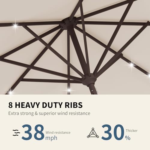 Image of 9FT Patio Umbrella with Solar Lights,Outdoor Market Umbrella with Tilt and Crank, LED Lighted Table Umbrella for Garden,Deck,Backyard,Pool,Beach (Beige)