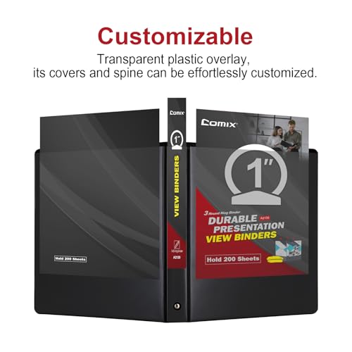 Image of COMIX Sturdy 3 Ring Binder 1 Inch with Clear View Cover | 1 inchRound Ring Design,PVC-Free Material,Holds 200 Sheets,Fits US Letter 8.5x11 Paper,Office & School,Home Use,8 Pack (Black)