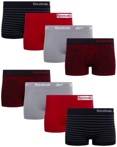 Reebok Women's Underwear - Seamless Boyshort Panties (8 Pack), Size Medium, Crimson Jacquard/Sharkskin/Crimson/Black Melange Stripe #TOP19