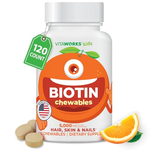 VitaWorks Kids Biotin 5000mcg Chewable Tablets | Tasty Biotin Supplement | Vegan, Non GMO | Hair Growth, Skin and Nail Heath | Hair Vitamins for Kids | 120 Chewables