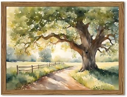 Framed Vintage Tree Landscape Wall Art, Watercolor Country Road N...