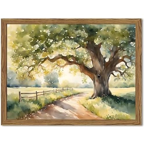 Framed Vintage Tree Landscape Wall Art, Watercolor Country Road Nature Wall Decor Paintings, Rustic Countryside Pictures Canvas Prints Aesthetic Home Decor for Living Room Bedroom Bathroom 8x10 inch