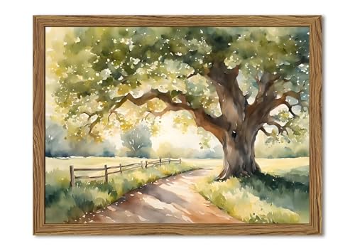 Framed Vintage Tree Landscape Wall Art, Watercolor Country Road Nature Wall Decor Paintings, Rustic Countryside Pictures Canvas Prints Aesthetic Home Decor for Living Room Bedroom Bathroom 12x16 inch