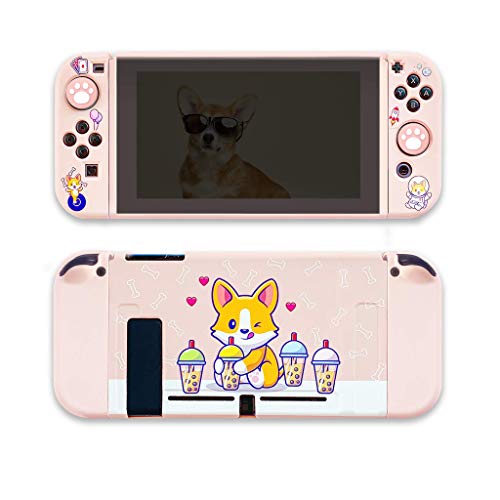 BelugaDesign Corgi Boba Switch Bundle | Cute Kawaii Dog Bubble Tea Pastel Pet Case | Cover Shell with Thumb Grips Compatible with Nintendo Switch (Switch Standard, Pink)
