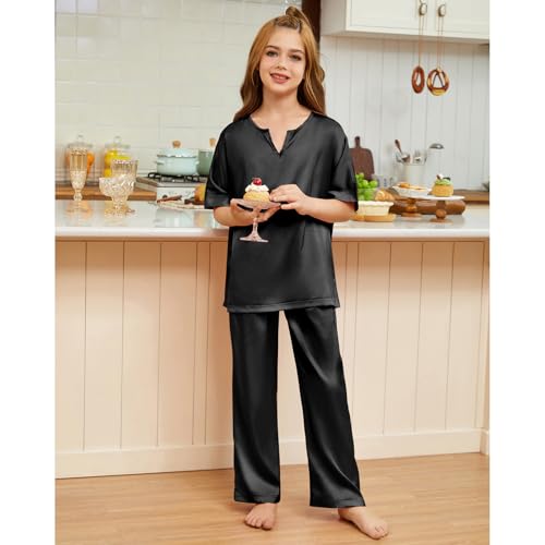 QPANCY Girls Silk Pajamas 2 Piece Short Sleeve Pjs Set Kids Satin Pajamas V Neck Shirt with Long Pant Soft Loungewear4