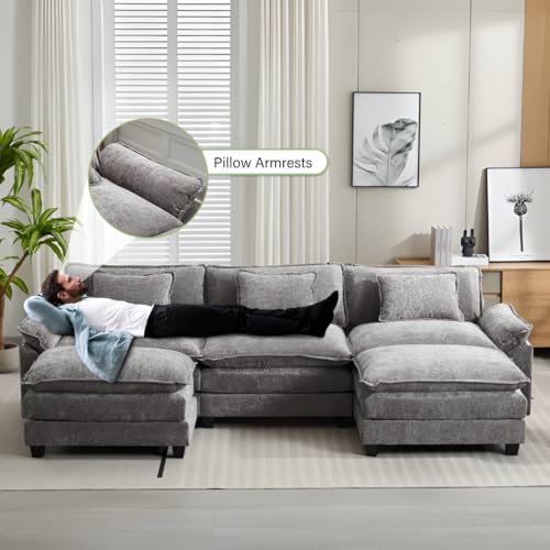Image of Modern U Shaped Sectional Sofa, Plush Chenille Upholstery, Extra Deep Seats with Throw Pillows for Living Room Office Hotels (Grey)