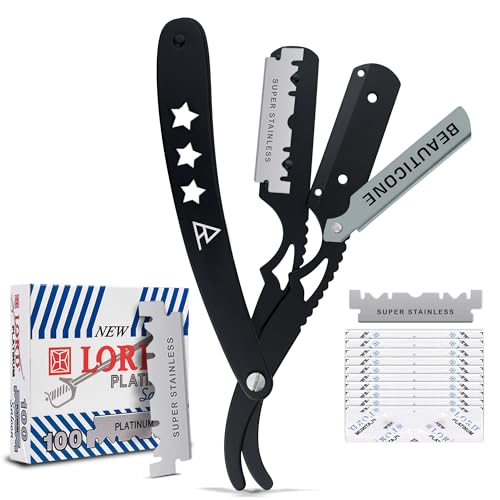 BEAUTICONE Barber Straight Razor for Men – Professional Shavette with Swinglock Blade Holder, 100 Stainless Steel Blades Included, Cut Throat Razor, All Black