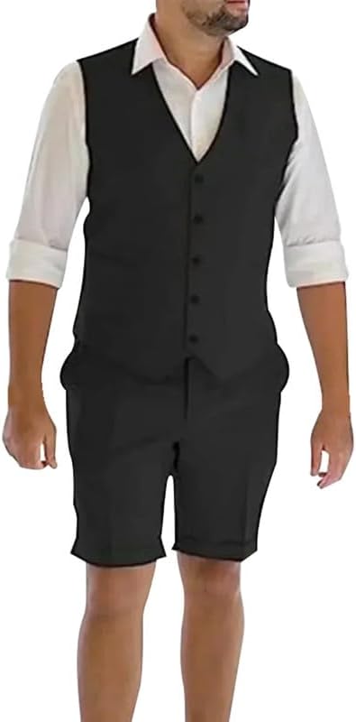 Mens 2-Piece Suit Shorts Set Summer Linen Vest Shorts Suits Beach Wedding Groom Waistcoat Trouser Set for Men