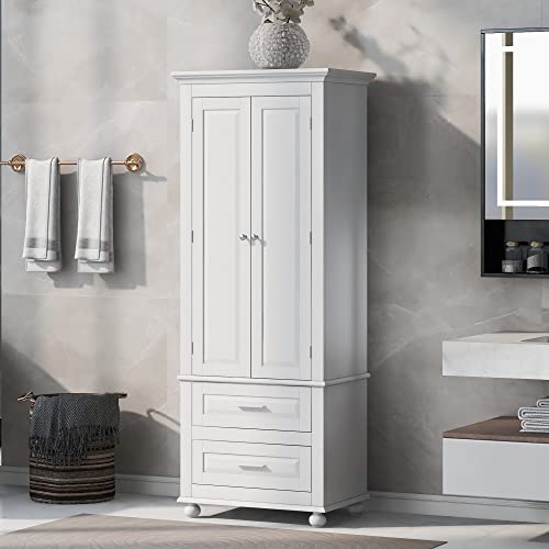 Merax, White Storage Cabinet With Doors And2 Drawers, Open Bookcase, Pantry Cupboard, Freestanding Organizer Display For Bathroom, Kitchen, Office #TOP2