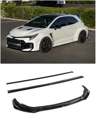 Replacement for 2025-Present Toyota E210 GR Corolla Models | GR Style Front Bumper Lip Chin Spoiler Splitter & Side Skirts Rocker Panel Extension Pair (ABS Plastic - Painted Glossy Black)
