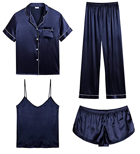 Image of SWOMOG Womens Silk Satin Pajamas Sets 4pcs Sleepwear Sexy Cami Shorts Set and Button Down Short Sleeve Pjs Loungewear