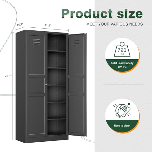 Image of Letaya Black Storage Cabinet with Adjustable Shelves-Metal Home Kitchen Pantry Cabinets with Doors,Organization Locker for Cupboard /Bedroom /Dining /Living /Bathroom /Office /Garage Room