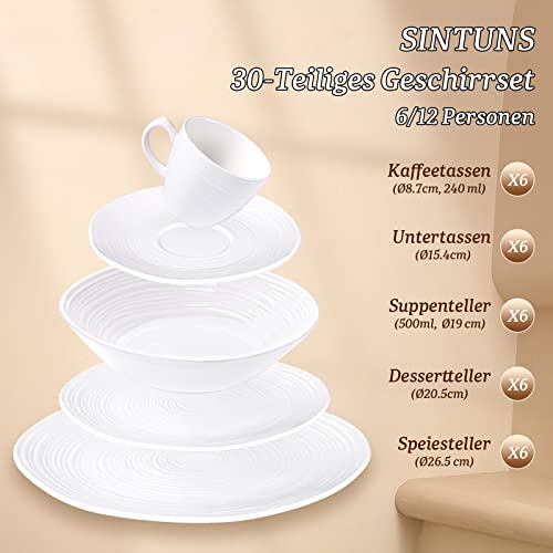 Foto von Geschirrset 6/12 personen 30 teiliges, Weiß Porzellan Tafelservice, SINTUNS Rund Modern Kombiservice Service mit Unregelmäßigen Abgerundeten Kanten,Weihnachts- und Neujahrsgeschenke