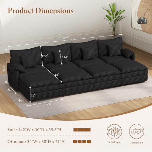 Image of Vesgantti 142 inch Oversized Sectional Sofa Bed, 8-Seater Modular Sleeper Cloud Couch with Movable Ottoman, Corduroy Convertible Sofa Set Deep Seat Couches for Living Room, Bedroom and Apartment, Black