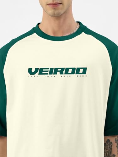 Image of Veirdo 100% Pure Cotton Oversized Loose Baggy Fit Drop Shoulder Round Neck Cool Front Chest Typographic Logo Printed Raglan Sleeve T-Shirt for Men (Colors: White, Black, Swanwhite, Beige & Grey)
