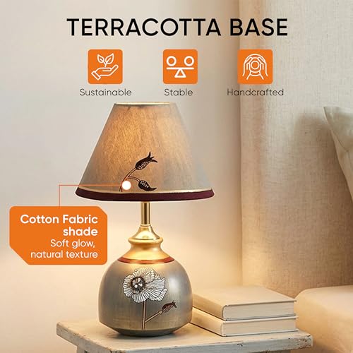 Image of AAKRITI ART CREATIONS Terracotta Table Lamp for Study Room, Bedroom & Living Room Decoration | Floral Flying Bird Silhouette Bedside Lamp with Cotton Fabric Shade | Aesthetic Night Lamp