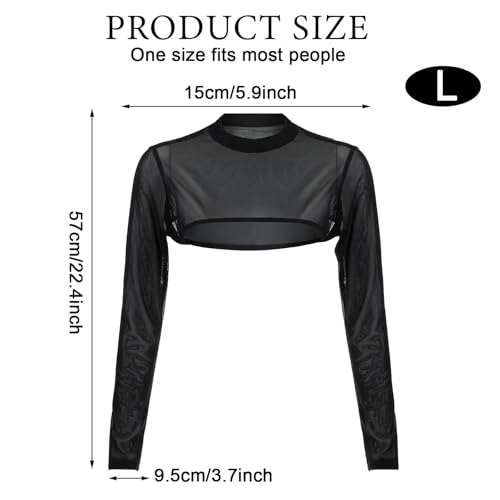 Image of Grevosea See Through Mesh Crop Top Sheer Black Mesh Long Sleeve Top Bolero Shrug Arm Sleeves for Women Shoulder Cover for Dress (L)