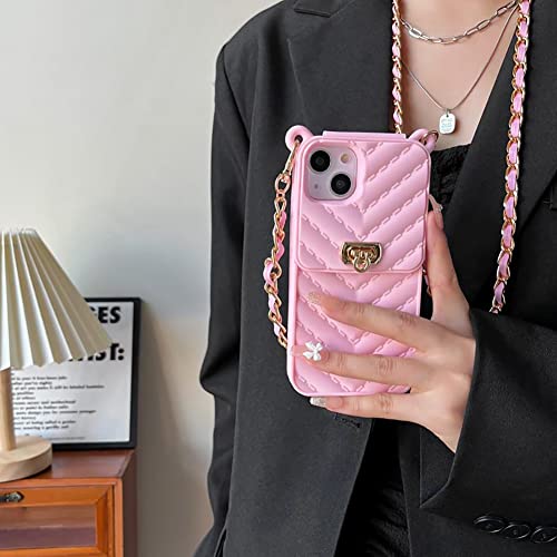Yatchen Wallet Case for iPhone 14 Pro Max,Crossbody Phone Case with Lanyard Strap Cute Flip Credit Card Holder Soft Silicone Girls Lady Handbag Cover for iPhone 14 Pro Max Pink by Yatchen - Image 3