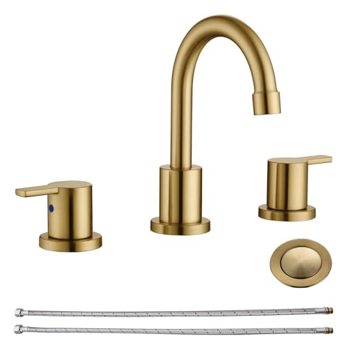 RKF Bathroom Faucets for Sink 3 Hole Gold 8 inch Widespread Bathroom Sink Faucet with Drain Double Lever Handle Faucet Bathroom Vanity Faucet Basin Mixer Tap Faucet with Hose&Deck WF015-9-BG