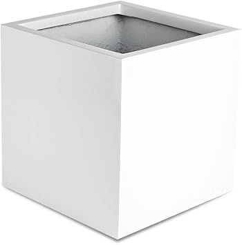 Elegant Modern Glossy White Square Indoor Outdoor Planter Pot 24H x 24W x 24L - Cube Shaped Fiberstone Flower Planters