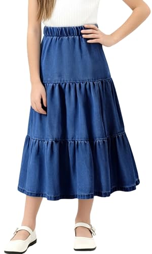 KEOYA Girls Denim Skirt Long Skirts Pleated Elastic Waist Ruffle Hem A-Line Swing Maxi Skirt for Kids Casual Style Dark Blue 11-12 Years