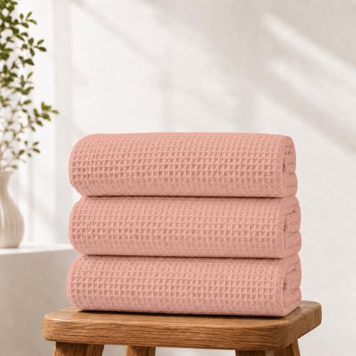 Image of Pure Cotton Waffle Towel | Lightweight | Anti Microbial and Water Absorbent | Soft Touch Quick Drying Bath Towels (Peach, Pack of 1)