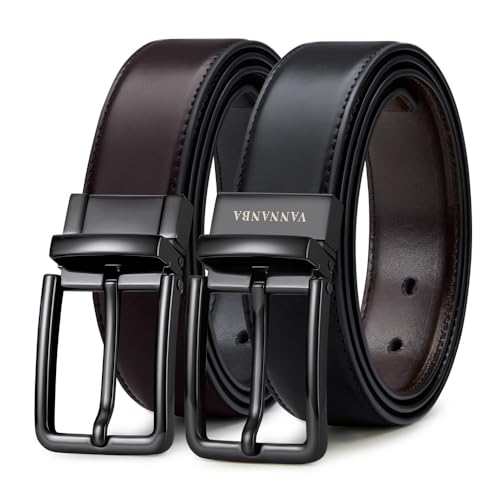 VANNANBA Men's Reversible Belt 100% Genuine Leather Dress Casual - 1 Belt 2 Styles for 2 Sides