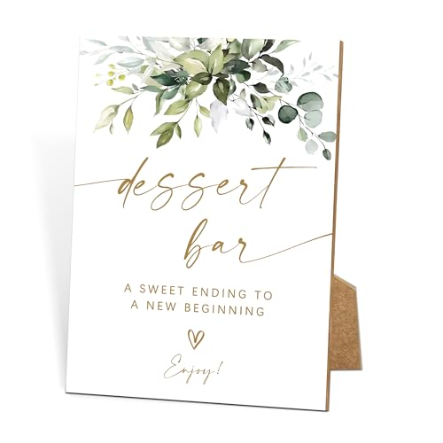 Dessert Bar Wooden Sign with Stand, Greenery Gold Bridal Shower Decorations, Dessert Table Decor, Wedding Signs for Ceremony and Reception, Engagement Decorations, Bachelorette Party Favors, 20
