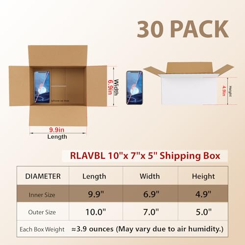 Image of RLAVBL 10x7x5 Shipping Boxes Set of 30, White Corrugated Cardboard Box for Packing, Mailing, Business