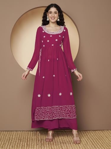 Image of PH POSHAKHUB Women A-Line Nyra Cut Kurta with Sharara in Georgette with Aari Work