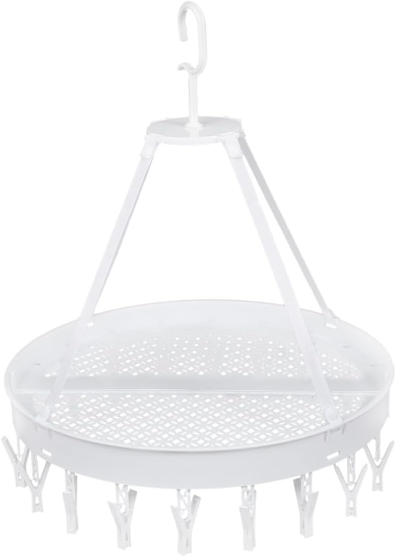 Windproof Folding Clothes Drying Rack with Hooks for Socks Underwear and Bras, Single-Layer White Portable Hanger for Balcony Laundry Storage