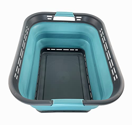 SAMMART 42L (11 Galloons) Collapsible Plastic Laundry Basket - Foldable Pop Up Storage Container/Organizer - Portable Washing Tub - Space Saving Hamper/Basket [BPA Free] (Grey/Crystal Blue)