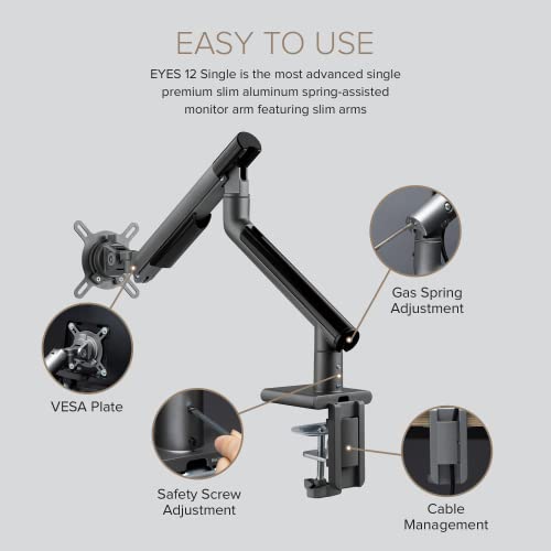 Pout - E12 Single Ultrawide Monitor Arm - Adjustable Full Motion Tilt Swivel Rotate Spring Desk Mount Stand - Clamp & Grommet Base - Supports 4-20Lbs 75X75Mm 100X100Mm 17-32 Inch Display (Grey/Black) #TOP4
