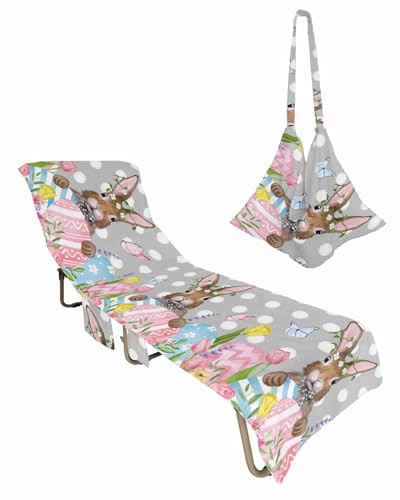 Grey Polka Dots Easter Bunny Beach Lounge Chair Towel Cover, Soft Chaise Lounge Towel with Side Pockets Patio Pool Chairs Cover for Beach/Pool Sunbathing 29x85 Spring Floral Tulip Colorful Eggs