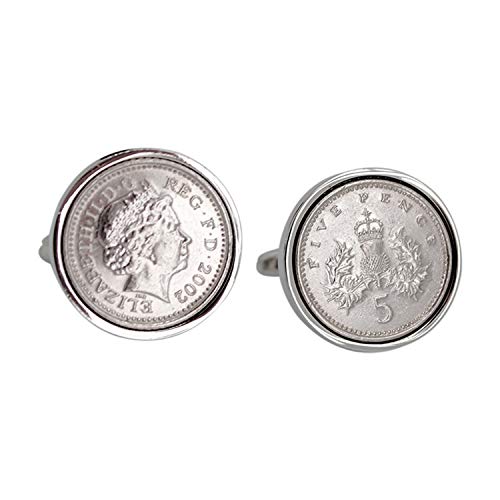 C&W Rhodium Plated 2002 English Fivepence Cufflinks #TOP7