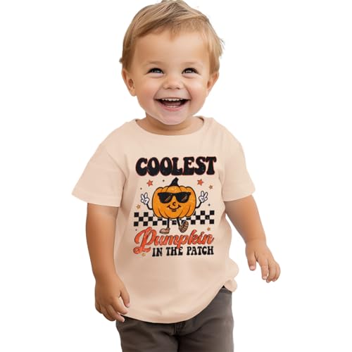 CM C&M WODRO Toddler Boy Halloween T-Shirt Coolest Pumpkin in The Patch Shirt Short Sleeve Retro Kids Graphic Tee Fall Tops