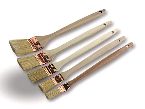 Lot de 5 pinceaux plats tête coudée pour peinture radiateurs | Largeur 20-30-40-50-60 mm | Soie blanche | Virole cuivrée | Manche bois | Angles volets coins tuyaux accès difficile | Kibros 340P_x5div