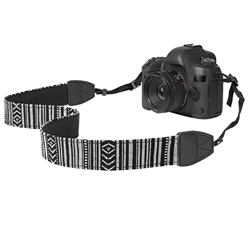 MoKo Camera Strap, Retro Cotton Canvas Woven Strap Universal Shoulder Neck Sling Belt for ALL DSLR/SLR Cameras Canon/Sony/Nikon, Adjustable Thin Strap for Adults & Kids, Black & White
